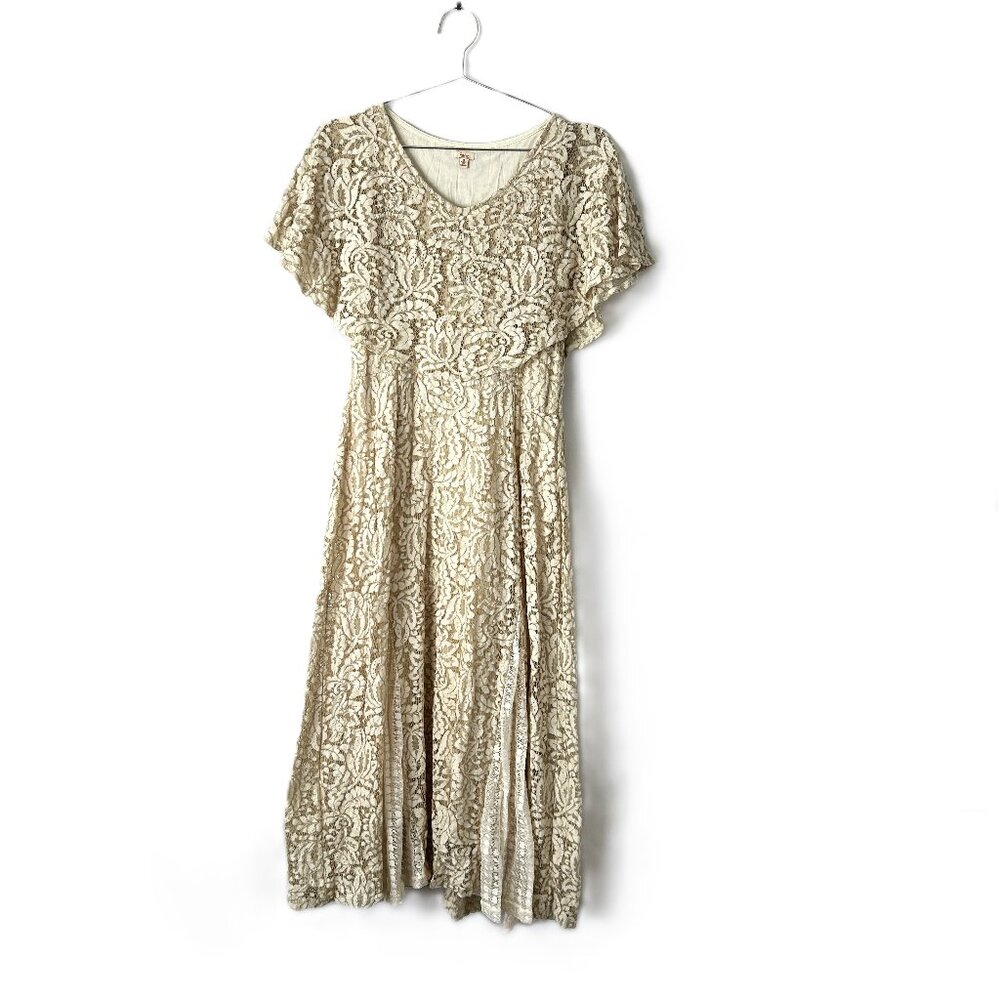 Reba Ivory Tiered Lace Maxi Dress S Cape Collar Alternative Bridal